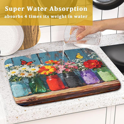 Spring Summer Floral Dish Drying Mat for Kitchen Counter 16x18 Woodgrain Colorful Flower Butterfly Seasonal Absorbent Reversible Microfiber Drying Mats Kitchen Countertop Protector Dishes Drainer Pad