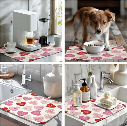 Valentine Love Heart Dish Drying Mat for Kitchen Counter 18x24 Inch Valentines Day Dish Mats Absorbent Microfiber Dish Draining Mat Reversible Dish Drying Rack Mat with Hanging Loop