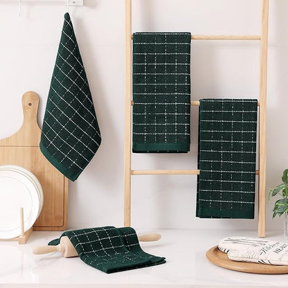 Homaxy 100% Cotton Terry Kitchen Towels(Blackish Green, 13 x 28 inches), Checkered Designed, Soft and Super Absorbent Dish Towels, 4 Pack