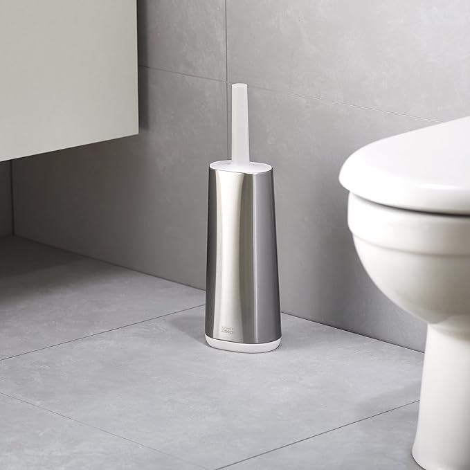 Joseph Joseph Flex Hygienic Silicone Toilet Brush with Slim Holder Set, Flexible Anti-drip, Anti-Clog Deep Clean Head - Stainless Steel
