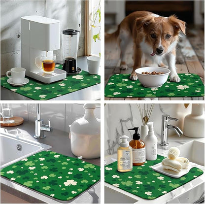 St.Patrick's Day Dish Drying Mat for Kitchen Counter Green Shamrock Drying Mats Spring Lucky Clovers Draining Pad Microfiber Absorben Dish Drainer Rack Mat Reusable Washable Dry Mat 16x18 Inch