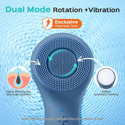 COSLUS FBS03 Face Scrubber Facial Cleansing Brush: 2 in 1 Spin and Vibration Patented, Silicone Electric Exfoliator Scrubber with Automatic Foaming, Waterproof Face Cleanser Brush for Men and Women