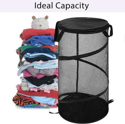 BATTOO Collapsible Laundry Basket with Lid Foldable Mesh Pop Up Hamper with Handles for Laundry Room, Bathroom, Kids Room, College Dorm, Travel, Storage Organizer Black