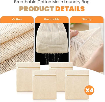 ABRRLO 4Pcs Cotton Mesh Laundry Bags for Delicates,Breathable Mesh Garment Bag for Washing Machine, Travel Wash Bags with Zipper for Bras, Underwear, Socks, Clothes, Laundry Dorm Room Essentials(S-XL)
