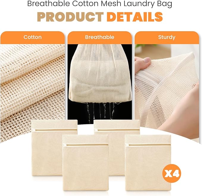 ABRRLO 4Pcs Cotton Mesh Laundry Bags for Delicates,Breathable Mesh Garment Bag for Washing Machine,Travel Wash Bags with Zipper for Bras,Underwear,Socks,Baby Clothes,Laundry Dorm Room Essentials(S)