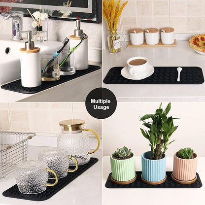 ZLR 2 Pcs Silicone Sponge Holder & Sink Caddy Tray (6" x 17") - Narrow Dish Drying Mat for Kitchen Counter - Waterproof Soap Dispenser Organizer, Non-Slip Bathroom Vanity Tray (Black)
