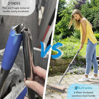 Stainless Steel Wire Scrub Brush with Long Handle for Deck, Concrete, Patio Floor Cleaning, 59'' Heavy Duty Stiff Metal Bristle Scrubber Broom for Outdoor Moss Removal