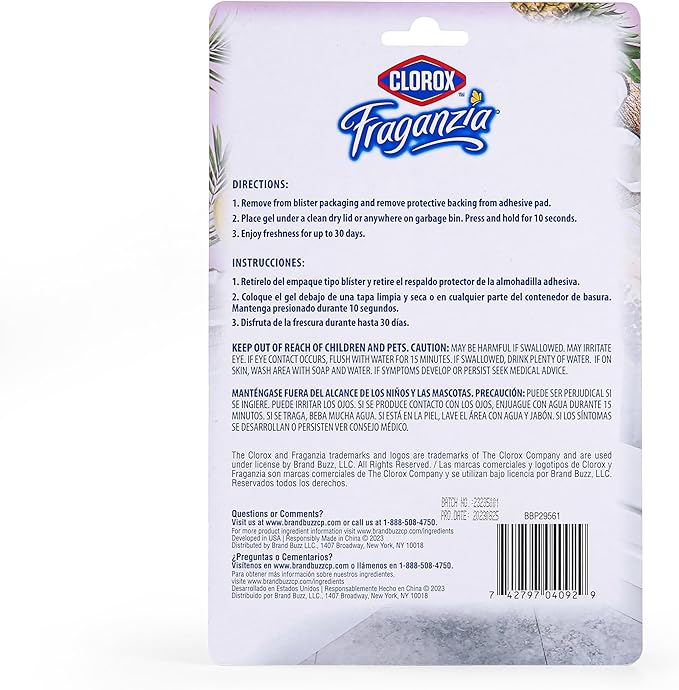 Clorox Fraganzia Stick-On Gel Fresheners, Island Escape Trash Can Deodorizer Up to 30 Days Scent, Odor Absorber for Kitchen, Bathroom, Closet, No Plug or Batteries, 0.12 Fl Oz, 6 Count