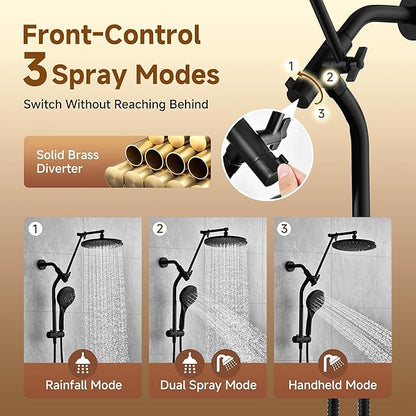 BRIGHT SHOWERS Rain Shower Head with Handheld Spray, High Pressure Dual Shower Head, Adjustable Extension Arm & Slide Bar, 9 Spray Modes Built-in Power Wash, 3-Way Diverter, 69" Hose, Matte Black