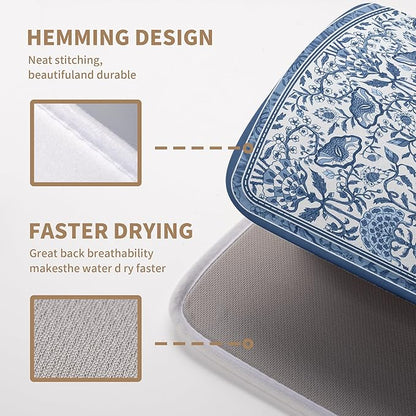 Blue Floral Dish Drying Mat for Kitchen Counter Boho Flowers Dishes Drainer Mats Rustic Farmhouse Microfiber Absorbent Dish Draining Spring Summer Reversible Dish Rack Pad Large 18x24 Inch