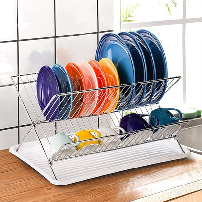 Youeon Foldable Dish Drying Rack with Drip Tray, Stainless Steel 2 Tier Dish Drainer Rack, Collapsible Dish Drainer, Folding Dish Rack for Kitchen Sink, Countertop, Cutlery, Plates, Dishes