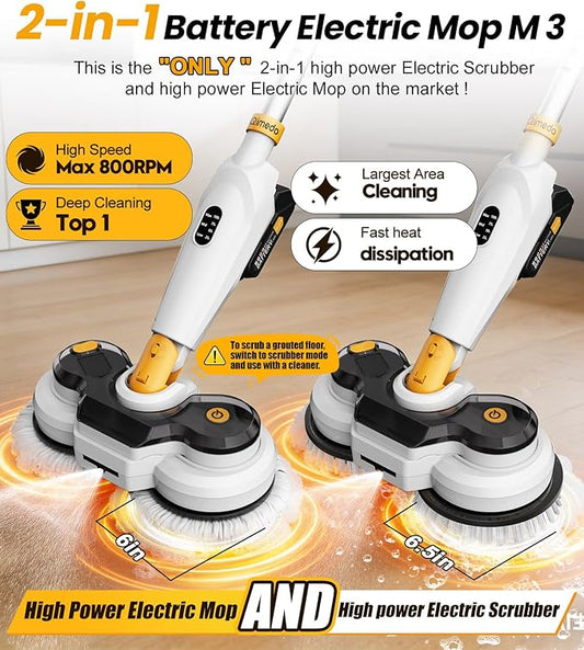 qimedo Battery Electric Mop M3, 800RPM Cordless Electric Power Scrubber & Mops for Floor Cleaning, Best Automatic Spin Mops with Smart Display,Rotating Mop with LED Light & Water Spray