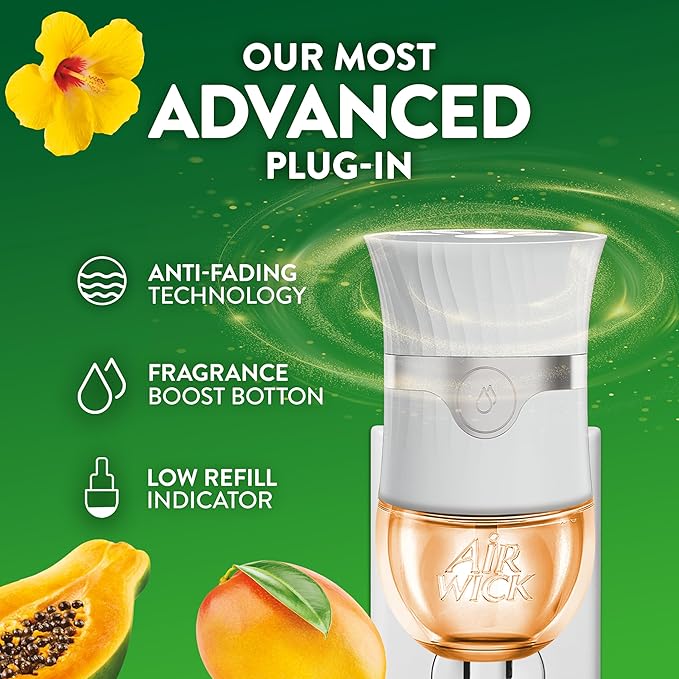 Air Wick Plug In Scented Oil Refill, Infused with Essential Oils, Plug In Air Fresheners for Home, Hawaii Exotic Papaya & Hibiscus Flower, 2 ct
