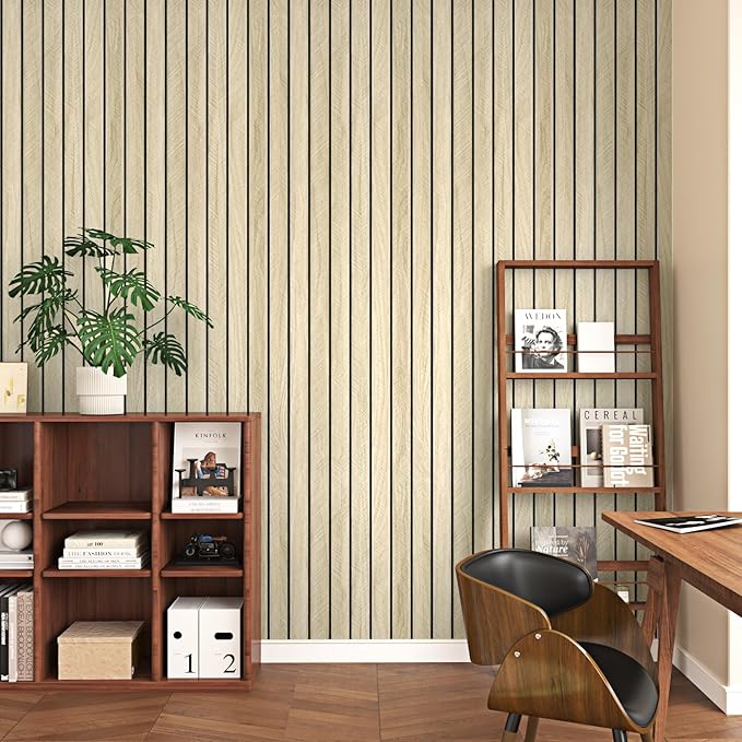 Wallercity Light Brown Wood Slat 3D Wall Panels Self Adhesive Soundproof Wooden Panel for Bedroom Living Room Peel and Stick Wood Paneling for Interior Decor Waterproof Acoustic Fence 11.7''x197''
