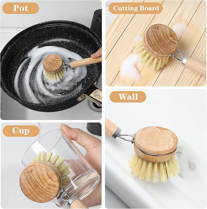 Bamboo Dish Brush with Handle, 10 Pcs Replacement Heads Wooden Kitchen Brush for Dishes, Vegetable Brushes Dish Scrubber for Cleaning Kitchen Room Vegetable Pots and Pans