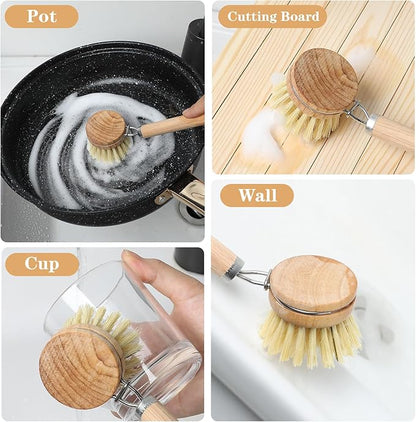 Bamboo Dish Brush with Handle, 10 Pcs Replacement Heads Wooden Kitchen Brush for Dishes, Vegetable Brushes Dish Scrubber for Cleaning Kitchen Room Vegetable Pots and Pans