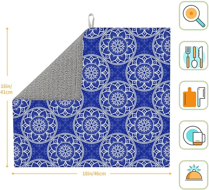Chinoiserie Blue and White Floral Dish Drying Mats for Kitchen Counter, Absorbent Reversible Washable Microfiber Drying Pad, 16" x 18" Foldable Chinoiserie Kitchen Mat for Dishes & Sink, Home Decor