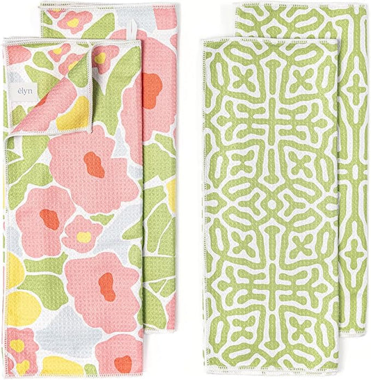 ELYN Microfiber Kitchen Dish Towel Set, Quick-Dry & Absorbent Waffle Weave Cleaning Towels, Set of 4 Kitchen Towels, Paper Towels Alternative (Bold Floral & Geo)