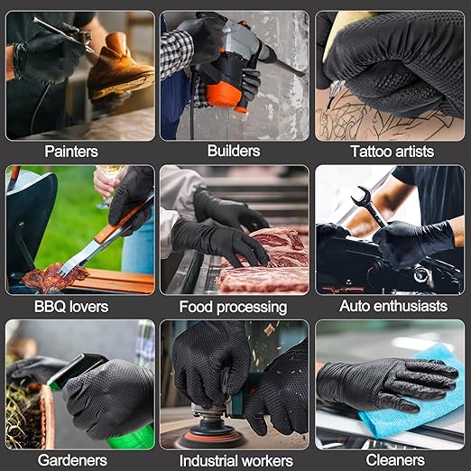 10mil Nitrile-Gloves Disposable-Black Chemical-Resistant Rubber - Mechanic Gloves Heavy Duty, Latex Free, Diamond Grip (500, Medium)