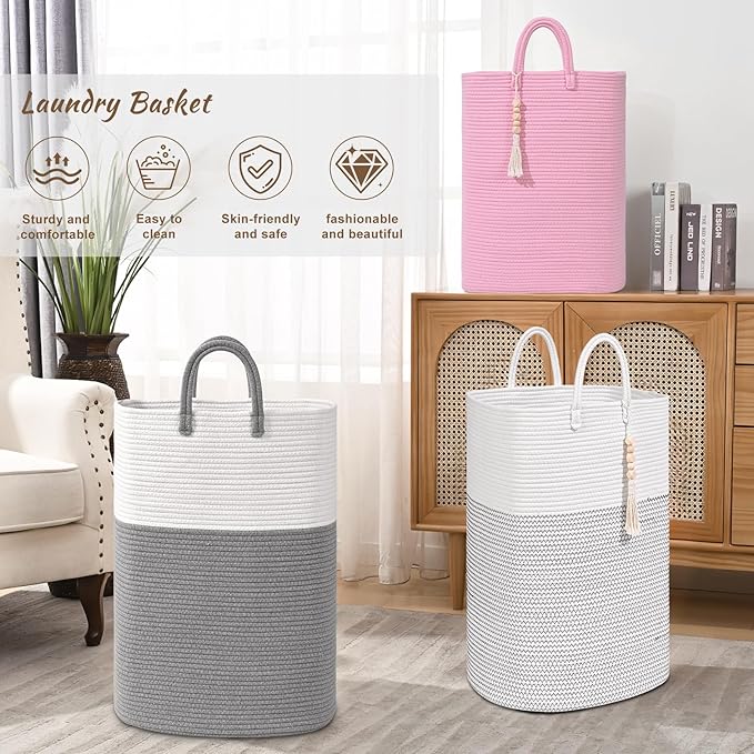 Woven Laundry Basket for Clothes, 50 L Large Rectangle Laundry Hampers with Beads Tassel, Nursery Storage Basket for Toys, Tall Dirty Clothes Hamper for Bedroom Aesthetic, Laundry Room Organization
