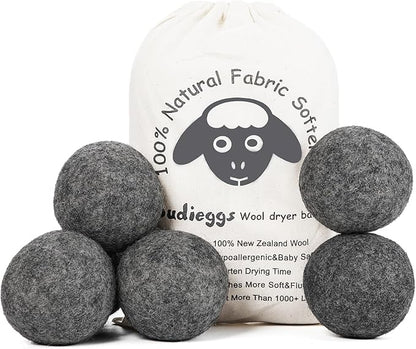 Budieggs Wool Dryer Balls Dark Grey XL 6-Pack, 100% New Zealand Organic Fabric Softener for 1000+ Loads, Baby Safe & Hypoallergenic, Reduce Wrinkles & Shorten Drying Time Naturally (6pcs Grey-XL)