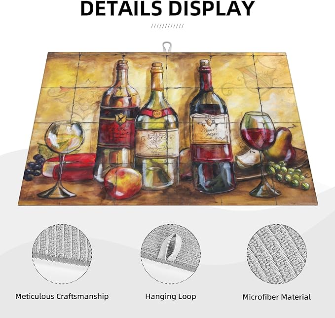 Retro Wine Drinks Pattern Dish Drying Mats for Kitchen Counter, Absorbent Reversible Microfiber Dish Drying Pad, Multi-Use Large Drying Mat Coffee Bar Accessories 18"x24"