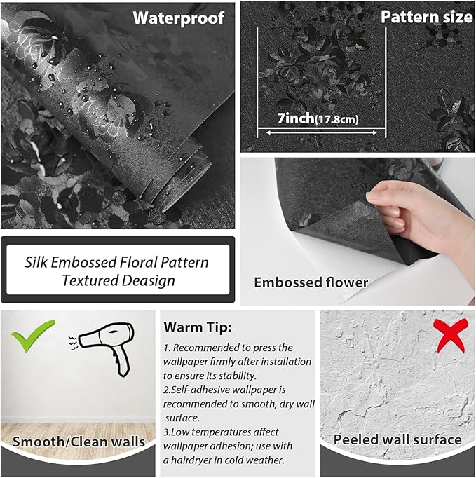 Black Peel and Stick Wallpaper 787.4inL17.3inW Silk Embossed Floral Contact Paper for Cabinets Drawer Furniture Textured Flower Removable Wallpaper for Kitchen Bathroom Waterproof