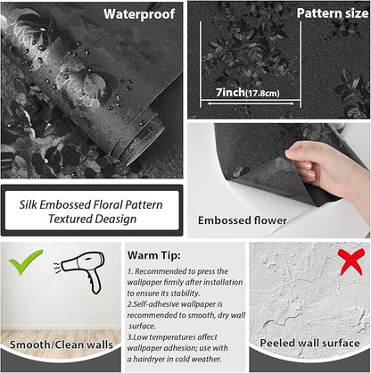 Black Peel and Stick Wallpaper Silk Embossed Floral Contact Paper for Cabinets Drawers Countertops Textured Flower Removable Wallpaper for Kitchen Bathroom Waterproof Thicken 197inL 17.7inW