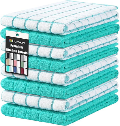 Homaxy Premium Cotton Kitchen Towels 16"x 28", Large Natural Ring Spun 390 GSM Dish Towels, Super Absorbent Terry Kitchen Hand Towels, Soft Tea Towels with Hanging Loop, Aqua Check Design, 8 Pack