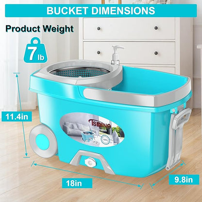 FunClean Spin Mop and Bucket,Mop and Bucket with Wringer Set for Home,360 Spinning Mopping Floor Cleaning Tool with 6 Microfiber Replacement Head Refills,61" Extended Handle, 2X Wheel - Blue