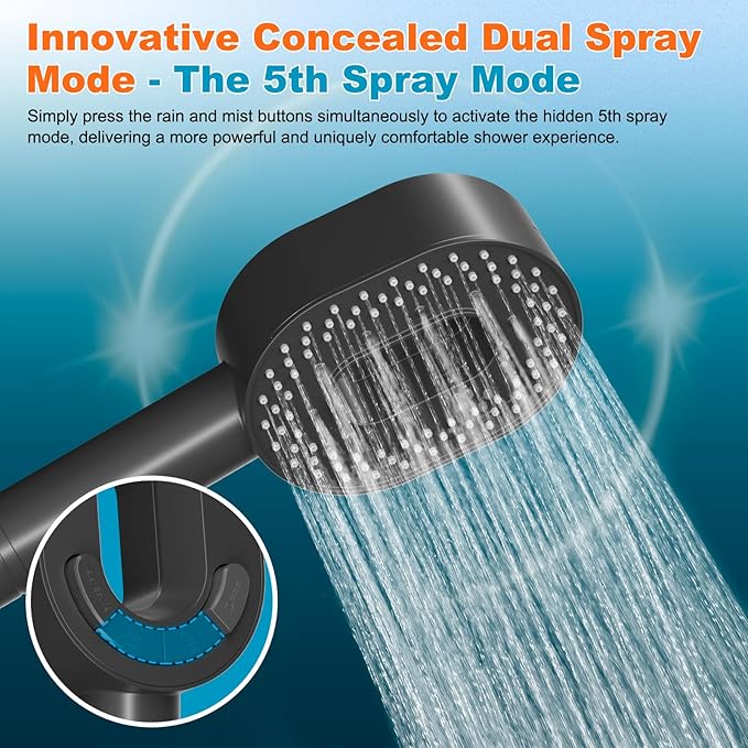 Hibbent Filtered Showerhead with handheld, High Pressure 5 Sprays Handheld Shower Head with Brass Holder & 71" Metal Hose, Water Softener for Hard Water-Remove Chlorine, Reduces Dry Itchy Skin, Black