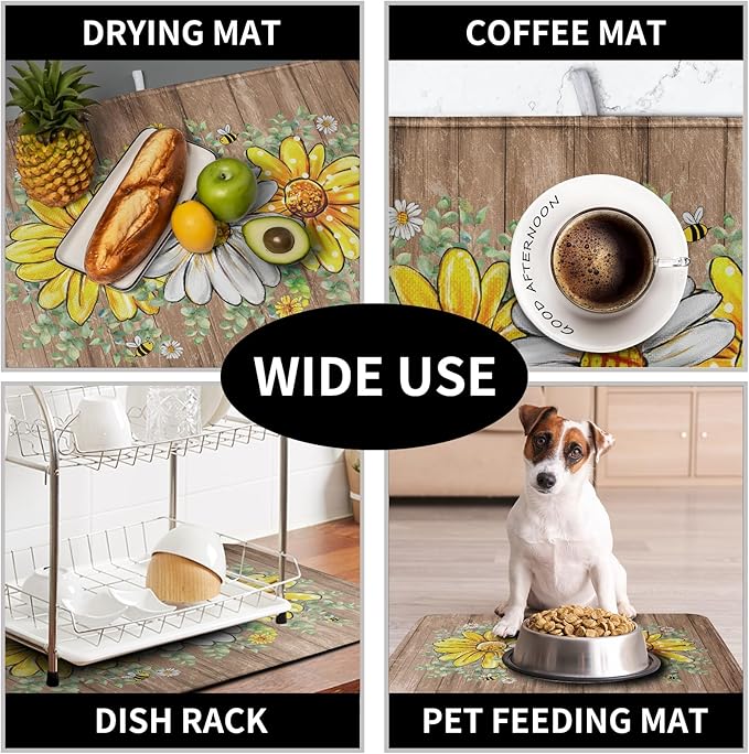 Rustic Daisy Floral Dish Drying Mat for Kitchen Counter Spring Summer Sunflower Dish Drying Mat Bee Absorbent Microfiber Dish Mat Reversible Dish Drainer Rack Mat 16x18 Inch