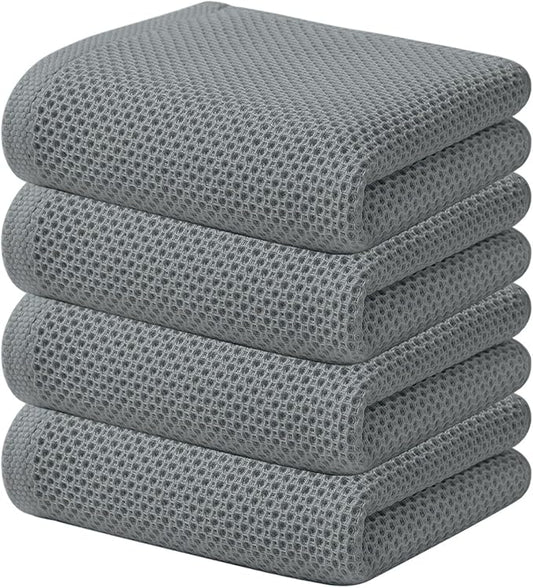Kitinjoy 100% Cotton Waffle Weave Kitchen Towels (13 X 28 Inches, Grey), 4-Pack Super Soft and Absorbent Dish Towel for Drying Dishes, Kitchen Hand Towels