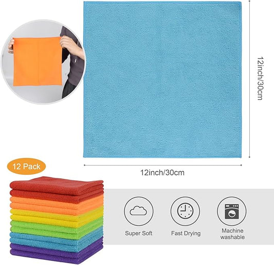SINLAND Microfiber Rag Absorbent Cleaning Cloth Kitchen Dish Cloth Quick Dry Streak Free Dish Rags Glass Cloths 12inchx12inch 12 Pack