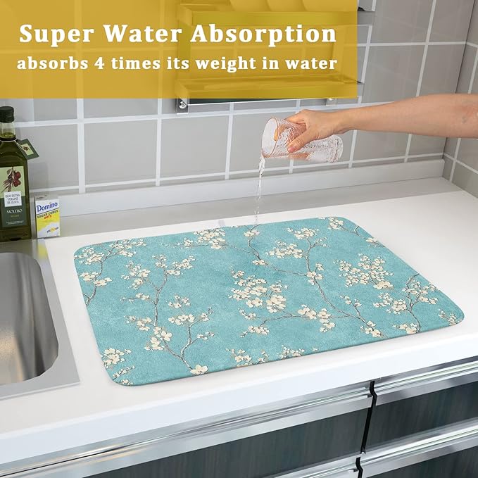 Teal Turquoise Dish Drying Mat for Kitchen Counter Spring Floral Drying Mat 18 x 24 Inch with Absorbent Reversible Microfiber Dish Drying Pad Dish Rack Drainer Mat for Coffee Bar