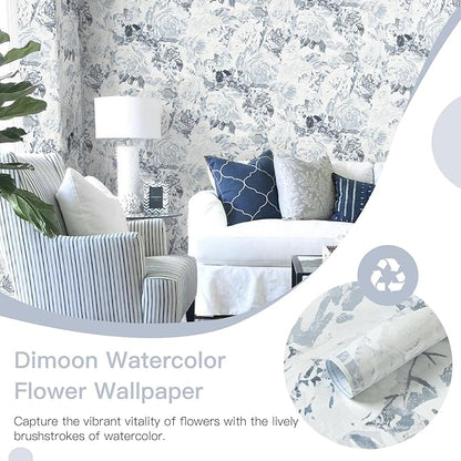 Dimoon 197"x17.3" Floral Peel and Stick Wallpaper Boho Blue White Contact Paper Flower Removable Wallpaper Renter Friendly Kitchen Wall Paper Shelf Liner Bathroom Self Adhesive Vintage Thicken Vinyl