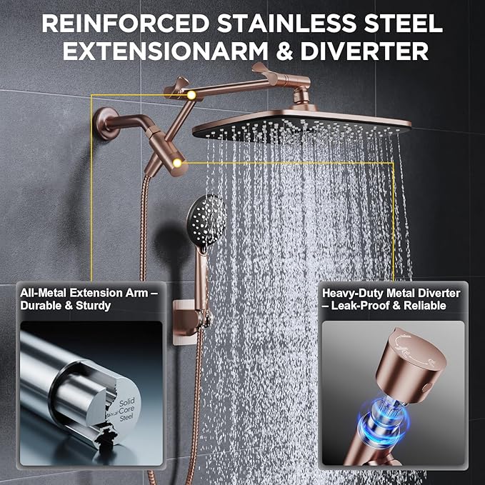 Veken 11.8" Rain Shower Head with Handheld, High Pressure Handheld Shower with Multi Spray Modes, Rainfall Combo with Metal Extension Arm, Detachable Dual Showerhead, Bathroom Decor, Rose Gold