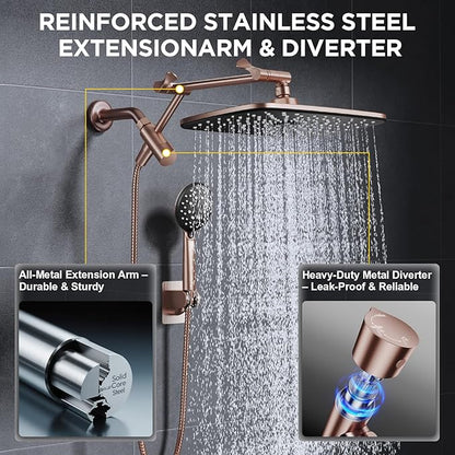 Veken 11.8" Rain Shower Head with Handheld, High Pressure Handheld Shower with Multi Spray Modes, Rainfall Combo with Metal Extension Arm, Detachable Dual Showerhead, Bathroom Decor, Rose Gold