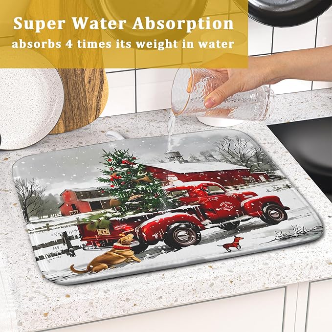 Christmas Red Truck Dish Drying Mat for Kitchen Counter 16x18 Inch Xmas Tree Snowman Dog Winter Print Absorbent Reversible Microfiber Drying Mats Kitchen Countertop Protector Dishes Drainer Rack Pad
