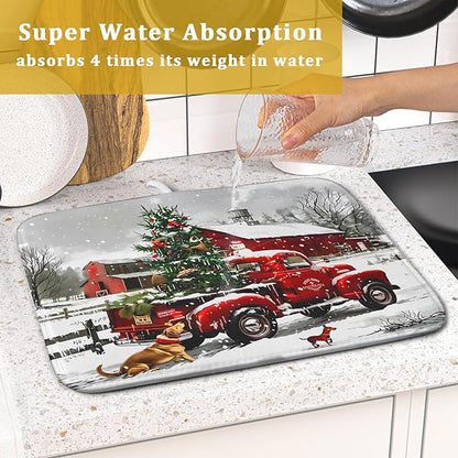 Christmas Red Truck Dish Drying Mat for Kitchen Counter 16x18 Inch Xmas Tree Snowman Dog Winter Print Absorbent Reversible Microfiber Drying Mats Kitchen Countertop Protector Dishes Drainer Rack Pad