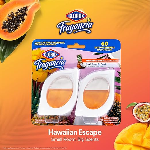 Clorox Fraganzia Small Rooms Air Freshener, Island Escape Scent - Peel & Place Air Freshener, No-Plug, Battery-Free for Closets, Laundry Room, Entry Way, Bathroom, Locker, 0.25 Fl Oz Each, 24 Count