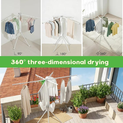 cjc Foldable Clothes Drying Rack, Space Saving Laundry Drying Rack,Collapsible Drying Rack Used for Indoor,Outdoor, 4 Retractable Drying Rods + 4 Shoe Racks + 4 Sock Clips with 16 Clips White