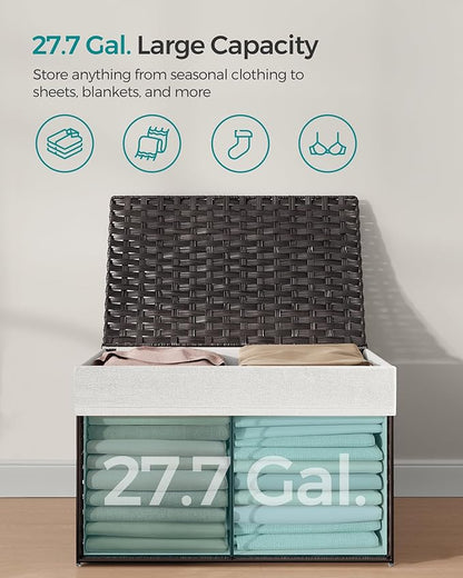 SONGMICS Storage Basket with Lid, Woven Blanket Storage Bin with Handles, Foldable, Removable Liner, Metal Frame, for Bedroom, Laundry Room, 27.7 Gallons (105 L), Brown URST066K01