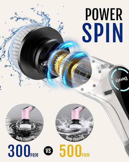 Dovety Electric Spin Scrubber, Shower Scrubber, Power Cleaner Tools with 8 Replaceable Brush Heads, Cleaning Brush with Extension Handle, 2 Adjustable Speeds, 90Mins Work Time for Home Bathtub-Pink