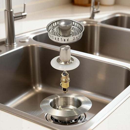 VANCOCO Kitchen Sink Drain Strainer 3-in-1 Pop Up Design, 304 Stainless Steel with Anti-Clog & Odor Control, Standard 3-1/2 Inch Drain Fit Drain Hole