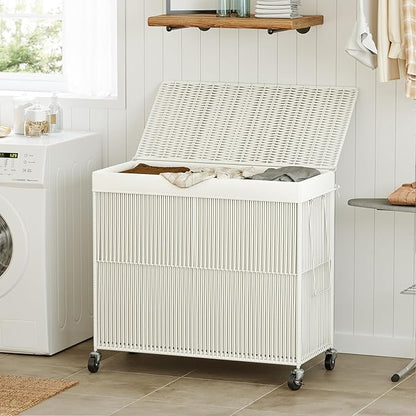 WOWLIVE Laundry Hamper with Wheels, 160L Handwoven Rolling Laundry Basket 3 Section with Lid, Clothes Hamper with 3 Removable Liner Bags, Large Laundry Sorter Laundry Room Organization, Creamy White
