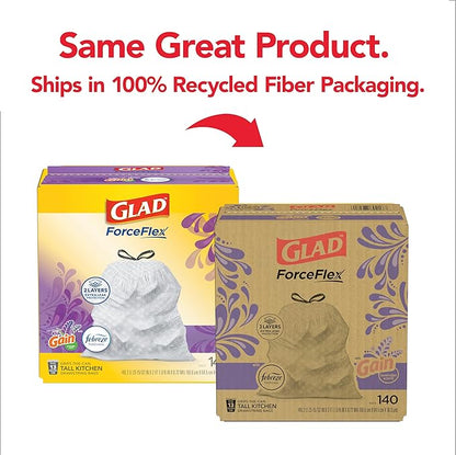 Glad ForceFlex Tall Kitchen Trash Bags, 13 Gallon, Gain Lavender, 140 Count (Package May Vary)