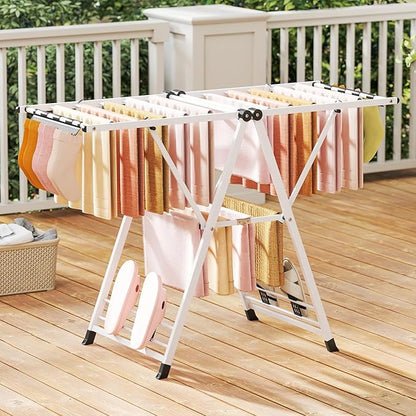 Giantex Clothes Drying Rack, Foldable Metal Laundry Drying Rack with Height Adjustable Wings, 16 Drying Rails, Sock Clips & Shoe Racks, Freestanding Clothing Stand for Indoor & Outdoor, White