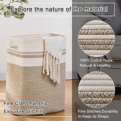 OIAHOMY Laundry Hamper-Laundry Basket,Tall Cotton Storage Basket with Handles,Decorative Blanket Basket for Living room,Collapsible Large Basket for Toys,Pillows,Clothes-16x13x22in-Yellow variegated