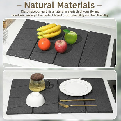 Large Stone Dish Drying Mat for Kitchen Counter, 2 PCS Quick Dry Stone Mats, Foldable Water Absorbing Diatomaceous Earth Drying Dishes Pad for Countertop Bottle Utensil Cup(Carved Gray 24"x16"&8"x4")